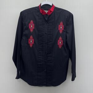 Vintage Wrangler‎ Black Red Western Rhinestone Embroidered Button Down Shirt